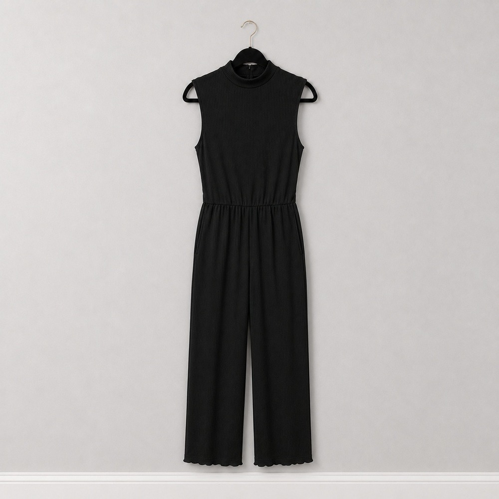 Ribbed Black Mock Neck Jumpsuit Twisted Back Detail Wide Leg Sleeveless Medium